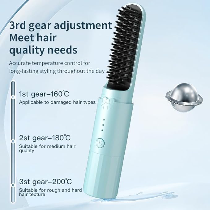 Portable Brush Styling Hair Care 2-in-1 Straightening Curling Drying Portable Brush Heated Hair Brush Adjustable Temperature Anti-Scald Cordless Hair Straightener (Blue)