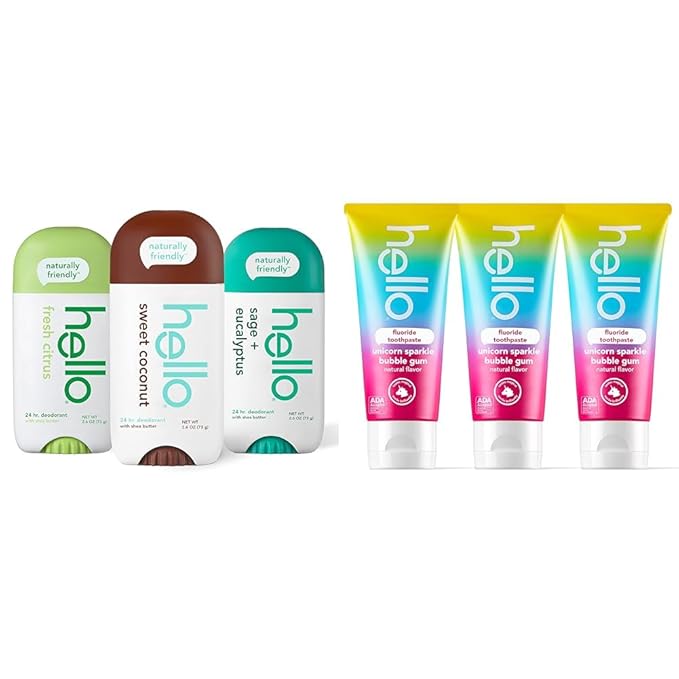 hello Deodorant Variety Pack (Sweet Coconut Fresh Citrus White Sage) &amp Unicorn Sparkle Kids Fluoride Toothpaste