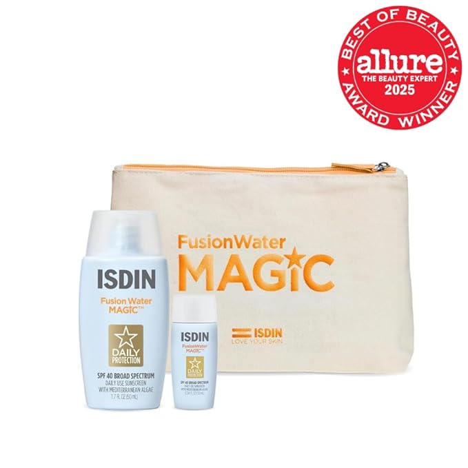 ISDIN’s Amazon gift set sets you up to be protected from photoaging - at home &amp on the go with a FWM 50ML &amp FWM 10ML in a cute makeup bag