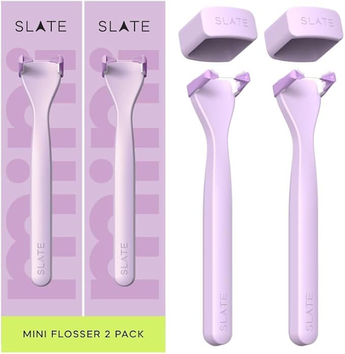 Slate Flosser Mini - Reusable Floss Pick with Gum Brush &amp Tongue Scraper Dentist-Invented PFAS/PTFE-Free Travel-Ready | Lilac Mini Flosser 2-Pack