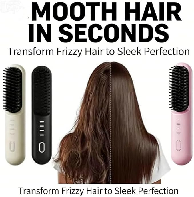 Cordless Hair Straightener Brush 4 Temp Settings Ceramic Coating Hair Straightener Comb Rechargeable Fast Heating Hot Comb Women (Pink)