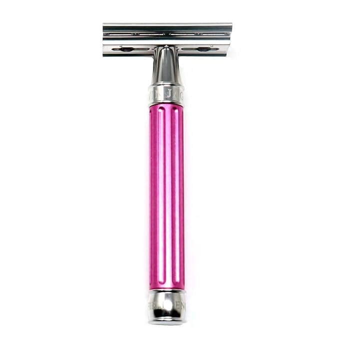 Edwin Jagger 3ONE6 DE Stainless Steel Safety Razor Grooved 1x Pack of DE Razor Blades (Anodized Pink)