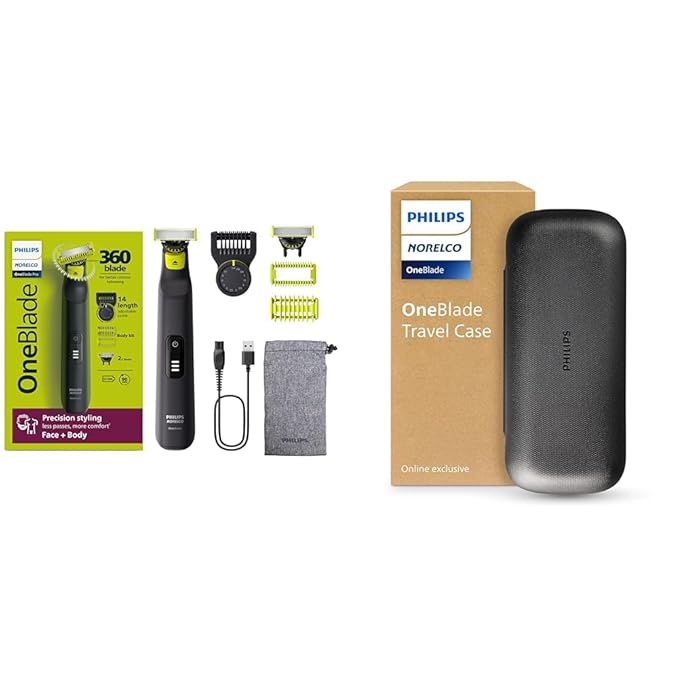 Philips Norelco OneBlade Pro Face+Body Travel Kit Bundle - Philips Norelco OneBlade Pro 360 Face+Body Hybrid Electric Trimmer/Shaver QP6542/70 +Travel Case QP401/90
