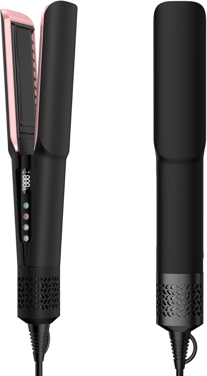 Hair Straightener - 2 in 1 Wet to Dry Hair Dryer and Straightener with High-Speed Airflow + Rapid Heat-Up + Customizable Temperature + LCD Display &amp Auto Shut-Off + No Heat Damage (Dark Black)