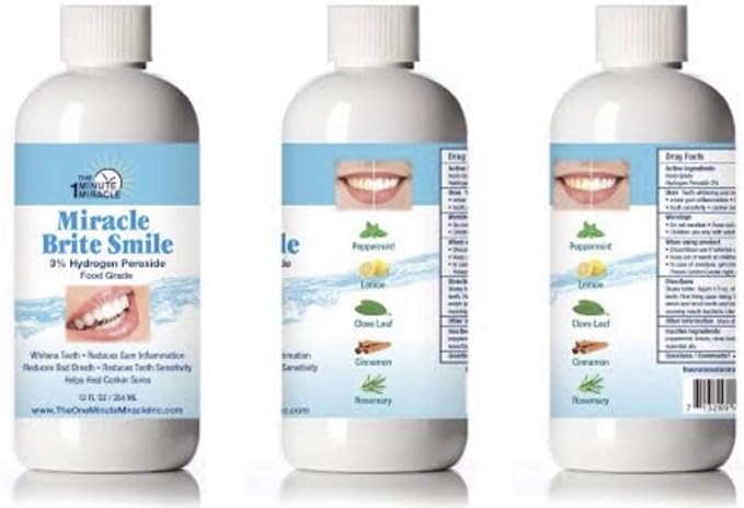 Miracle Brite Smile - Essential Oxygen Rinse Mouthwash for Whiter Teeth Fresher Breath and Healthier Gums Peppermint 12 fl. oz. Our Brand is Reconmended by Dentists.