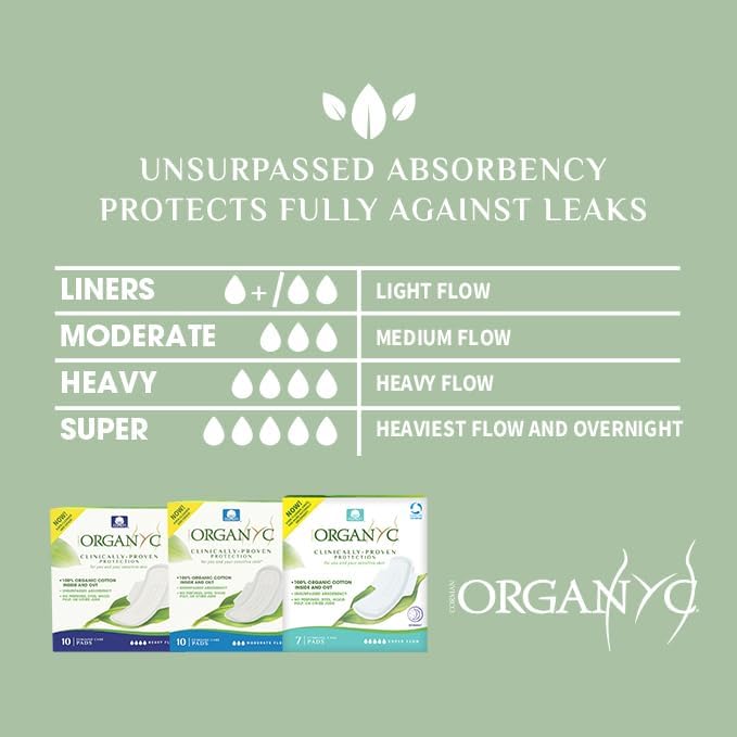 Organyc - 100% Certified Organic Cotton Inside and Out Feminine Pads Sanitary Napkin 40 Count Heavy Flow New Larger Size Packaging