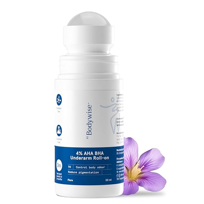 Bwise 4% Aha Bha Underarm Roll On 50ml | 2% Lactic Acid 1% Mandelic Acid 1% Salicylic Acid | Controls Odour &amp Reduces Pigmentation | 0% Alcohol &amp 0% Aluminium | Flora Fragrance