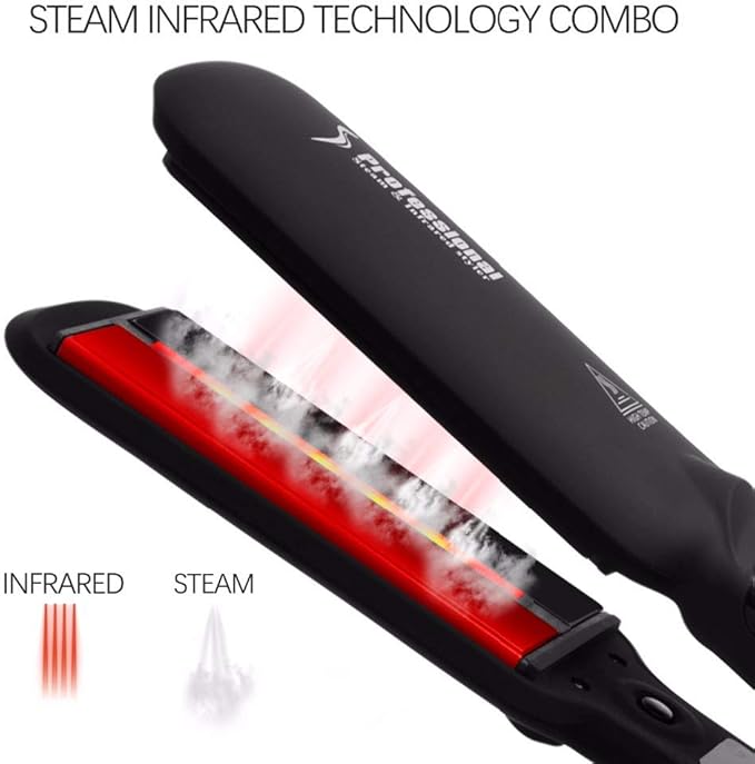 Professional Infrared Steam Hair Straightener 2 inch Tourmaline Ceramic Flat Iron Vapor Instant Heat Up with Adjustable Temperature Dual Voltage (Black)