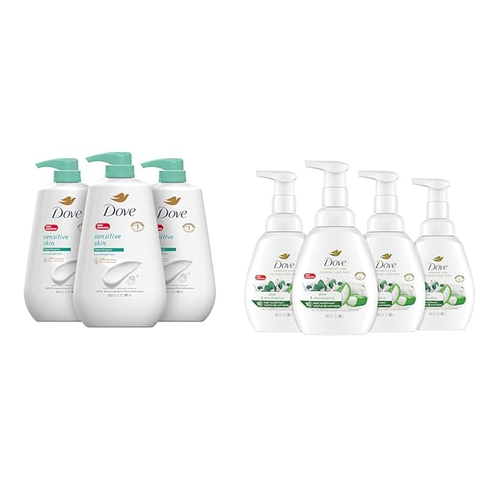 Dove Sensitive Skin Body Wash (Pack of 3) and Advanced Care Foaming Hand Wash Aloe &amp Eucalyptus (Pack of 4)