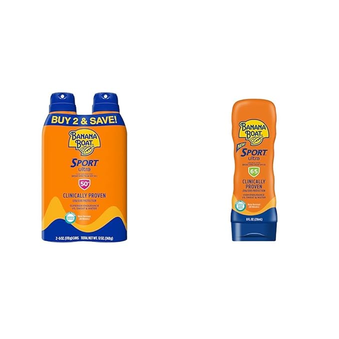 Banana Boat Sport Ultra SPF 50 Sunscreen Spray Twin Pack and SPF 65 Sunscreen Lotion