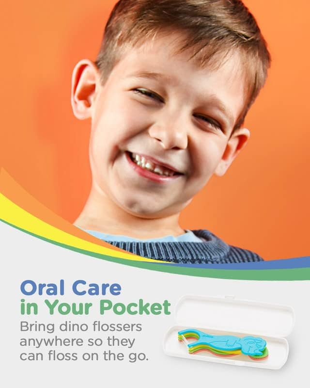 Piico Unflavored Kids Floss - No Fluoride Dual Line Dental Floss Picks - Fun Oral Care in Colorful Floss Sticks Design - Flossers Prevent Tooth Decay &amp Gum Disease - 300 Playground Dino &amp Trav