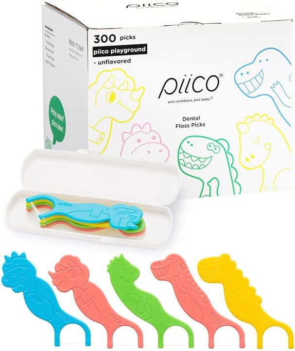 Piico Unflavored Kids Floss - No Fluoride Dual Line Dental Floss Picks - Fun Oral Care in Colorful Floss Sticks Design - Flossers Prevent Tooth Decay &amp Gum Disease - 300 Playground Dino &amp Trav