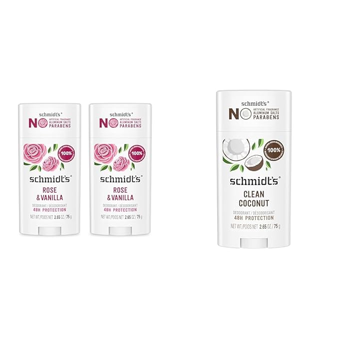 Schmidt's Aluminum-Free Vegan Deodorant Rose &amp Vanilla 2 Count and Clean Coconut 2.65 oz Each 24 Hour Odor Protection