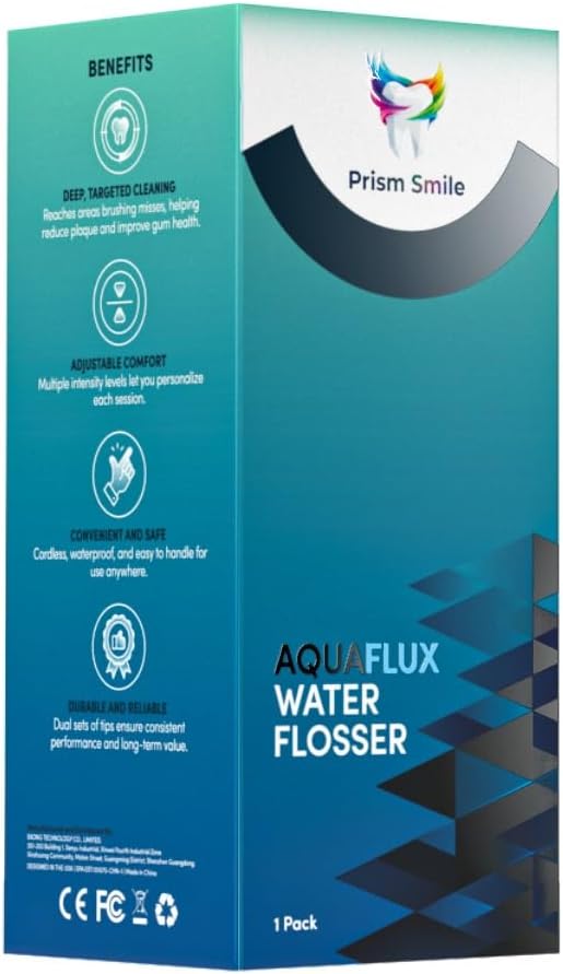 AquaFlux Water Flosser Cordless Dental Irrigator with 6 Modes 240ml Tank IPX7 Waterproof 30-Day Battery Life 8 Tips Included