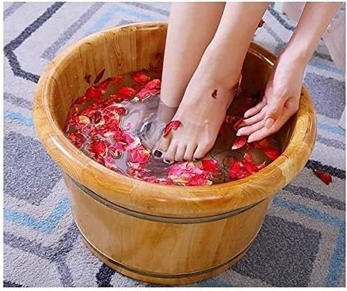 Foot TubHome Solid Cypress Wood Acupuncture Points Massage Foot Basin Foot Spa Wooden Tub with Cover Foot Bath Soaking Tub Movable Universal Wheel