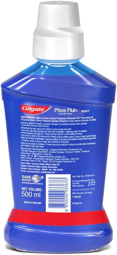 Colgate Phos-Flur Fluoride Mouth Rinse Mint Flavour 500ml Alcohol-Free Ideal for Braces (2) 2