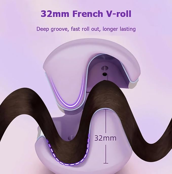 French Wave Curling Iron Rommantic French Egg Roll Curling Iron Egg-Roll Hairstyle Water Ripple V-Shaped 32mm Curling Wand (Pink+Purple)