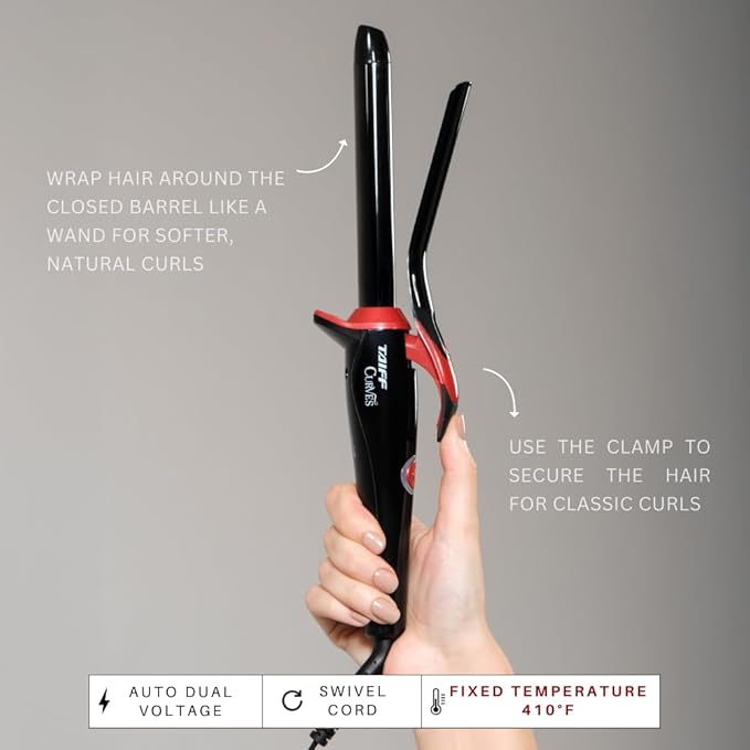 TAIFF Curves Professional Black Titanium Curling Iron – High-Performance Hair Curler &amp Rizadora para Cabello with Dual Voltage | Fixed Temperature 410°F | 3/4”