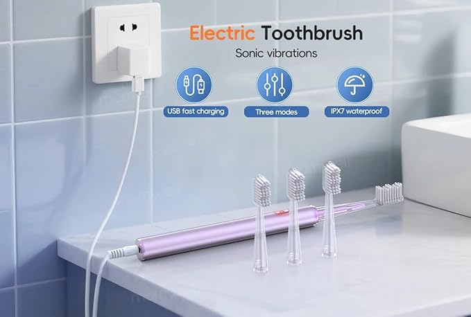 Electric Toothbrush for Adults Rechargeable Cordless Power Toothbrush with 3 Modes 4 Brush Heads 2-Min Timer Electric Tooth Brush Adult Purple or Silver (Purple)