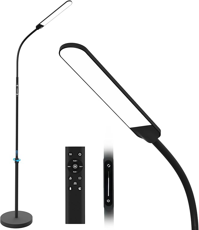 NXONE Led Floor LampModern Reading Adjustable Standing Height 4 Colors and Stepless Brightness Work Lamp for Living Room Bedroom Reading Black