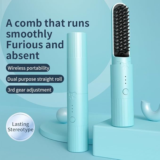 Portable Brush Styling Hair Care 2-in-1 Straightening Curling Drying Portable Brush Heated Hair Brush Adjustable Temperature Anti-Scald Cordless Hair Straightener (Blue)