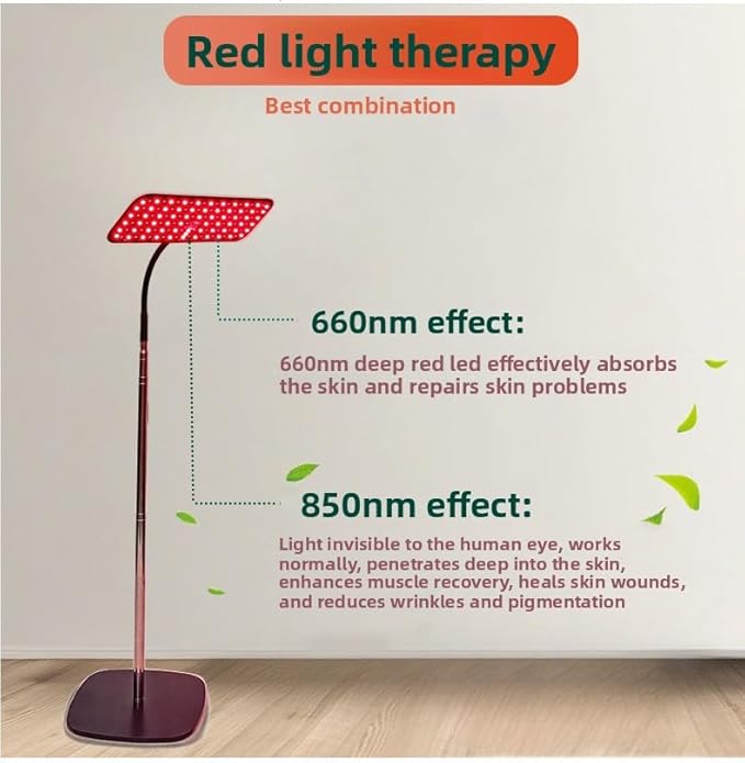 Body and Facial red Light Therapy 660nm 850nm Infrared red Light Treatment lamp Equipment extendable Floor-Standing Type with a Large Panel and a Stable Stand at Home.