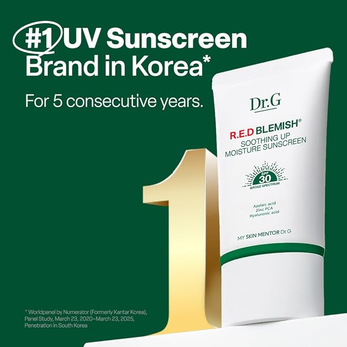 Dr. G R.E.D. Blemish Soothing Up Moisture Sunscreen - Korean Sunscreen with No White Cast - Broad Spectrum SPF for Sensitive Skin - Non-Greasy - With Hyaluronic &amp Azelaic Acid - 1.69 fl oz