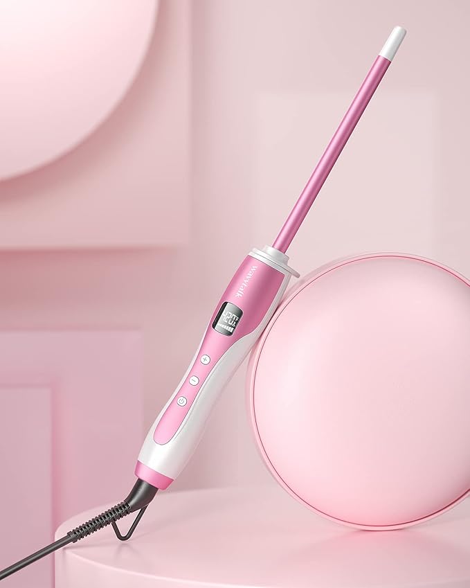Wavytalk 3/8 Inch Small Curling Wand Wand Curling Iron for Short &amp Long Hair Ceramic Barrel with Adjustable Temperature Heat Resistant Glove Included (Rose Pink)