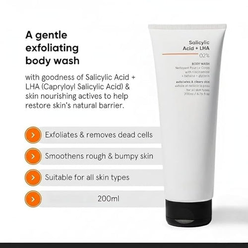 2% Salicylic Acid + LHA Body Wash | For Body Acne Un-even Rough &amp Bumpy Skin | Sulphate (SLS) Dye &amp Fragrance Free | Shower Gel For Women &amp Men | 200 ml