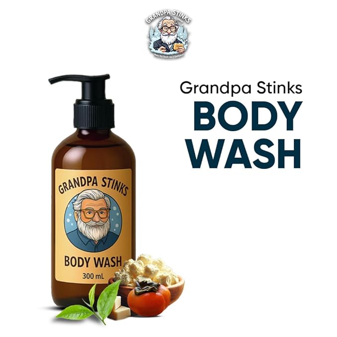 Grandpa Stinks® Body Wash – Persimmon &amp Green Tea Deodorizing Cleanser – Natural Odor Eliminator for Men – Hydrating Daily Shower Gel with Shea Butter – 10.14 fl oz