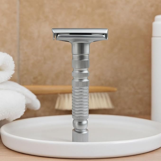 Adjustable double-edged safety razor with 10 platinum-plated stainless steel razor blades + optional stand + complimentary holster reusable razor smooth close shave (Silver)