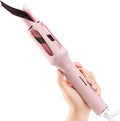 Automatic Rotating Curling Iron with 4 Temperature - Beach Waves Curling Wand Portable Hair Curler Dual Voltage &amp Lightweight for Travel Automatic Shut-Off Anti-Scald-Pink
