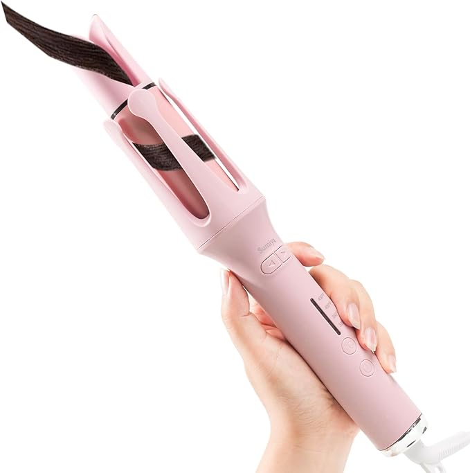 Automatic Rotating Curling Iron with 4 Temperature - Beach Waves Curling Wand Portable Hair Curler Dual Voltage &amp Lightweight for Travel Automatic Shut-Off Anti-Scald-Pink