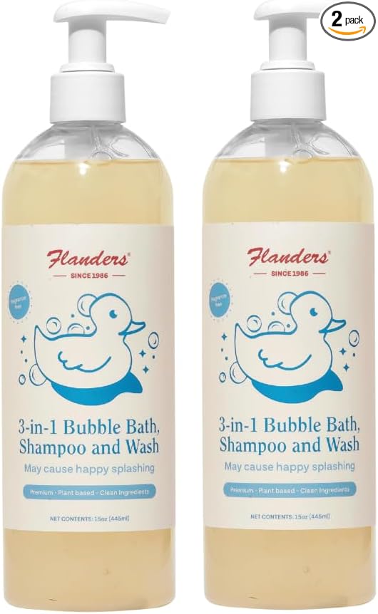 Flanders 3in1 Baby Bubble Bath Shampoo &amp Body Wash 15oz Bottles with Pump | Tear-Free Hypoallergenic Cleanser with Jojoba Coconut &amp Argan Oil Fragrance Free for Sensitive Skin 2 Pack (30o