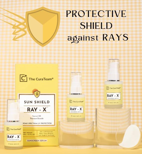 RAY-X™ Sunscreen Serum SPF 50 PA+++ with Suncat DE Broad Spectrum | UV A UV B | Blue Light Protection | Titanium Dioxide for Sun burn Sun Damage by Harmful Rays | Glowing Skin | 30ml
