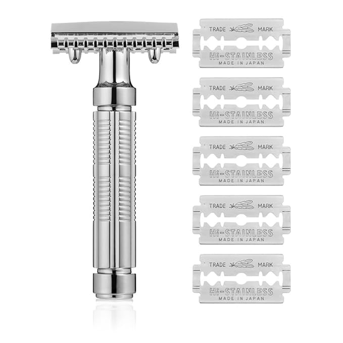 Mr. Fine Premium Double Edge Safety Razor for Wet Shaving Single Blade Razor Close Shave Open-Comb Guard 100% Metal w/Stainless Steel Core 5 Feather Blades