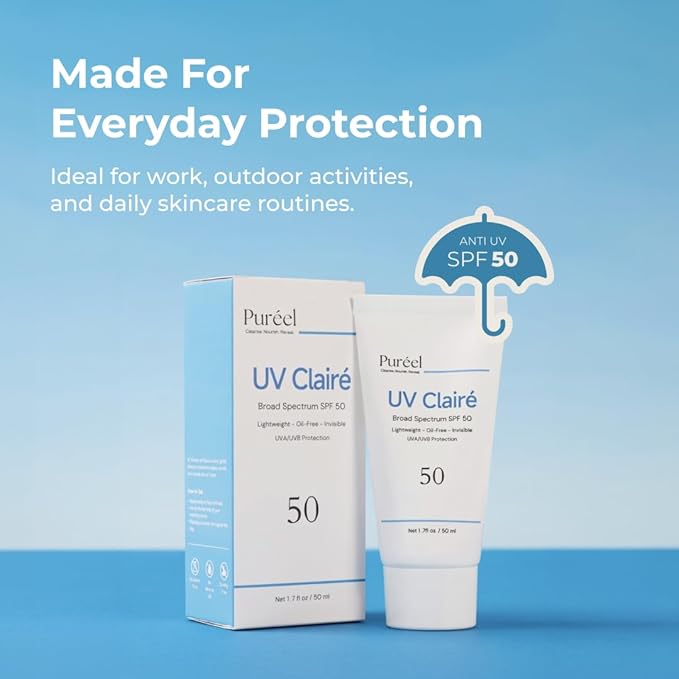 Puréel UV Clairé SPF 50 Sunscreen For Face – Clear &amp Invisible - No White Cast - Oil Free - Lightweight - Non-Sticky - UVA/UVB Protection For All Skin Types &amp Tone - 1.7 fl. oz