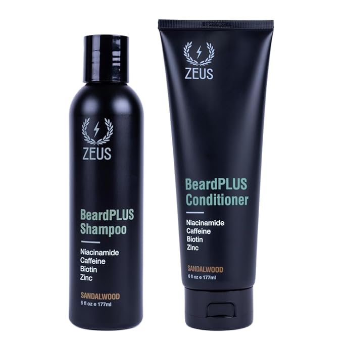ZEUS BeardPLUS Beard Shampoo &amp Conditioner Set for Men Hair Growth Treatment for Hydration Softness &amp Thickness with Biotin &amp Caffeine (Made in USA) Combo Set