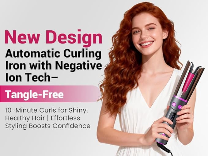 Negative Ion Automatic Rotating Curling Iron – Smart Tangle-Free Dual Voltage Anti-Scald Portable Ceramic-Coated Auto Hair Curler for Travel &amp Home Use（1inch