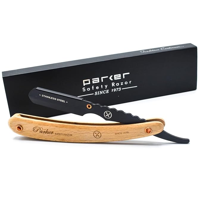 Parker SRP Pine Wood Handle Straight Edge Barber Razor – Stainless Steel Clip‑Type Straight Razor 5 Premium Half DE Blades Included