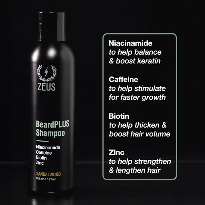ZEUS BeardPLUS Shampoo for Men Enhanced Beard Growth &amp Hair Care Treatment with Biotin &amp Caffeine to Boost Thickness Strength Hydration and Skin Comfort (Made in USA) 6 oz.
