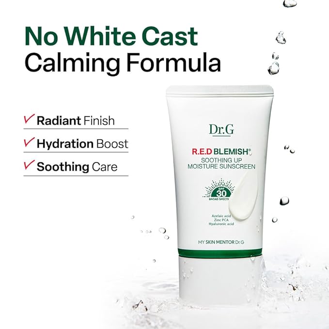 Dr. G R.E.D. Blemish Soothing Up Moisture Sunscreen - Korean Sunscreen with No White Cast - Broad Spectrum SPF for Sensitive Skin - Non-Greasy - With Hyaluronic &amp Azelaic Acid - 1.69 fl oz