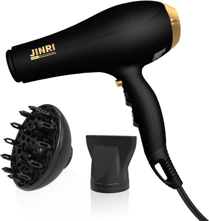 JINRI 2000W Hair Dryer with Negative Ion &amp Infrared - Black 3 Heat &amp 2 Speed Detachable Air Intake Concentrator/Diffuser Hanging Strap