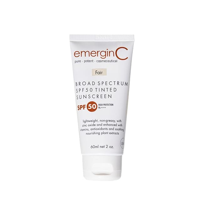 emerginC Broad Spectrum SPF 50 Tinted Mineral Sunscreen for Face (Fair) - Mineral Based Tinted SPF &amp Moisturizer with UVA/UVB Protection - Lightweight Non-Greasy - With Aloe Vera &amp Zinc Oxide