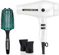 Turbo Power Twin Turbo 3200 White Hair Dryer and Miracle Large Detangling Brush Mint Green – Professional Blow Dryer and Anti-Frizz Hair Brush with Nylon and Boar Bristles for Smooth Shiny Hair