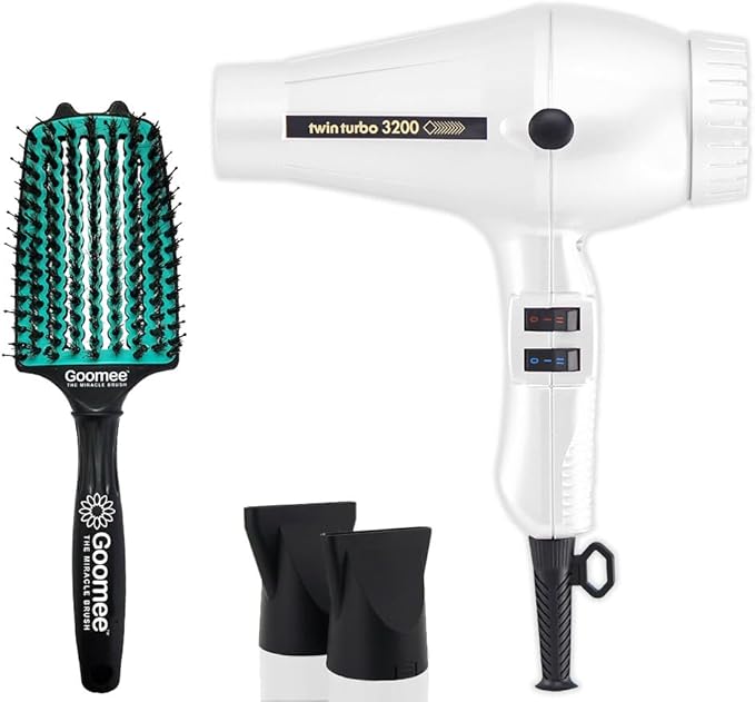 Turbo Power Twin Turbo 3200 White Hair Dryer and Miracle Large Detangling Brush Mint Green – Professional Blow Dryer and Anti-Frizz Hair Brush with Nylon and Boar Bristles for Smooth Shiny Hair