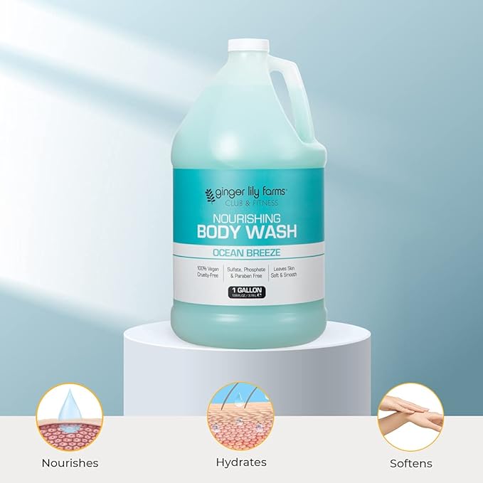 Ginger Lily Farms Club &amp Fitness Nourishing Body Wash 100% Vegan &amp Cruelty-Free Ocean Breeze Scent 1 Gallon Refill (Pack of 4)