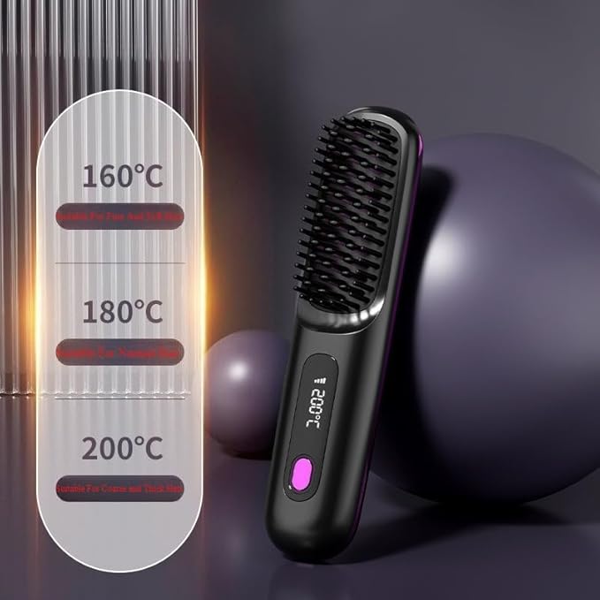 .Portable Cordless Hair Straightening Brush Mini Travel Size Ceramic Coating Anti-Scald Design Black Blue White and Pink (Black)