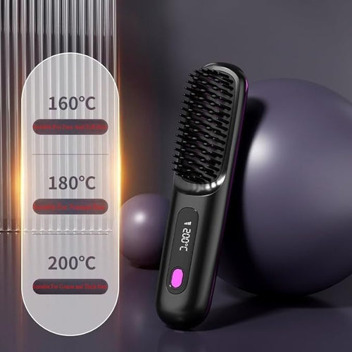 .Portable Cordless Hair Straightening Brush Mini Travel Size Ceramic Coating Anti-Scald Design Black Blue White and Pink (Black)