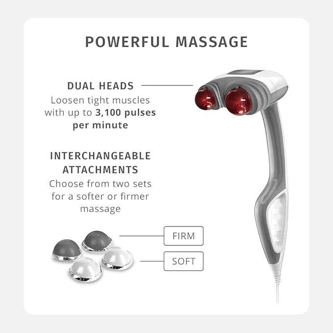 Homedics Back Massager - Heated Automatic Percussion Back Body and Neck Massager with Duel Pivoting Heads Interchangeable Nodes for Shoulders Legs and Feet White